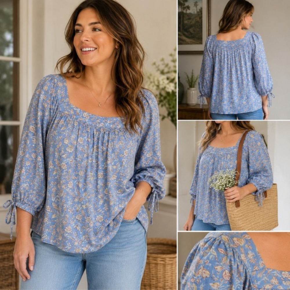 Lauren Conrad Cottagecore Floral Square Neck Blouse Blue Romantic‎ Large